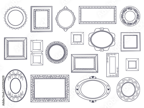 Doodle frames. Square hand draw borders, pencil circle line, round curved frames, kids pen drawings. Vector underline doodle set