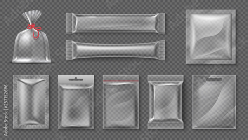 Plastic package. Realistic clear bag mockup, 3d transparent food product pack set, blank glossy foil. Vector candy snack container set