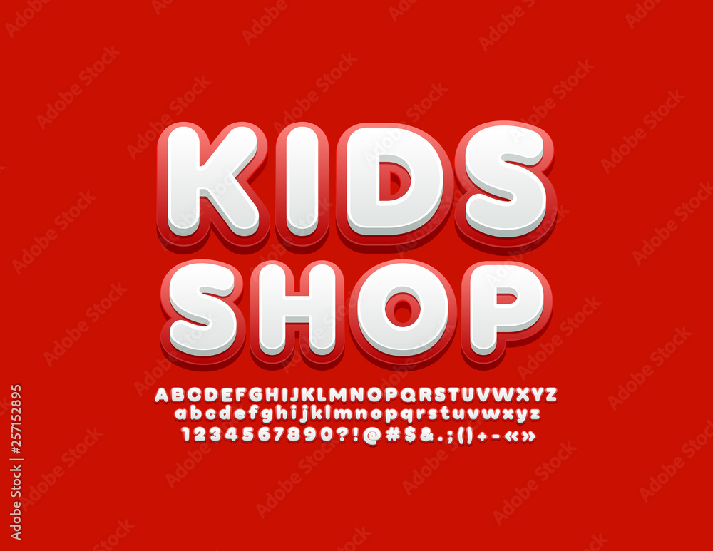 Vector bright banner Kids Shop with trendy Font. Red and White stylish Alphabet