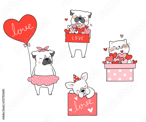 Draw cat and pug dog with little heart for valentine