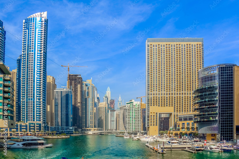 Fototapeta premium Amazing view of Dubai Marina Waterfront Skyscraper, Residential and Business Skyline in Dubai Marina, United Arab Emirates