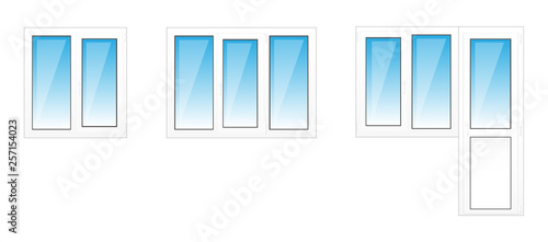 Vector set for window business. Metal windows and balcony block. White windows with double glazed windows in blue tones and highlights. Technical drawing