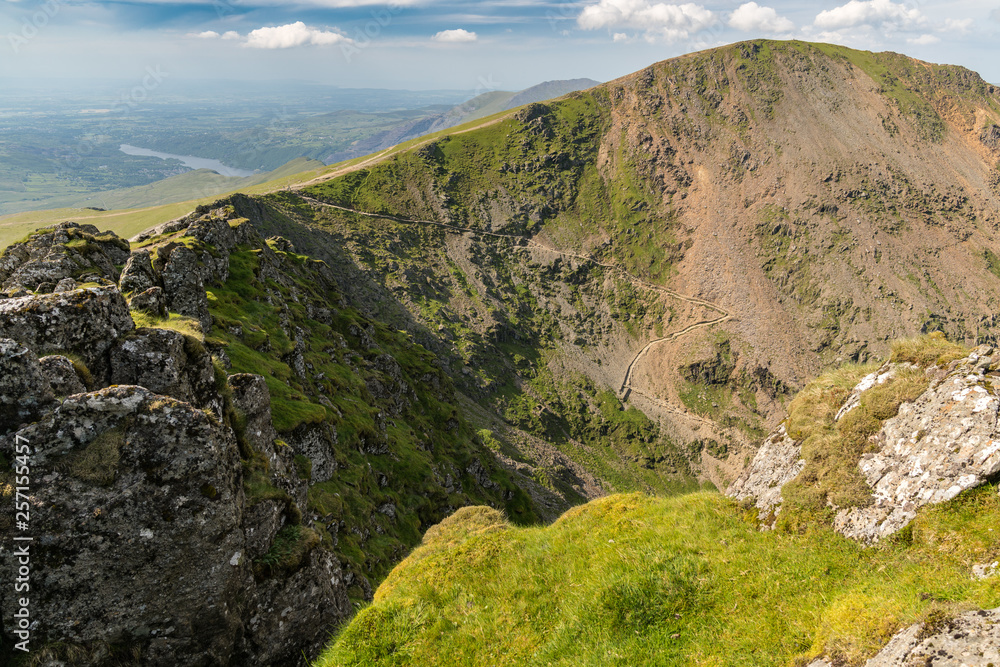 View from Mount Snowdon, Snowdonia, Gwynedd, Wales, UK - looking north at Garnedd Ugain, the Pyg Track and the Miner's Track