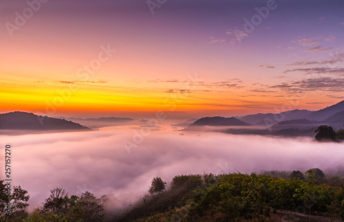 Viewpoint of the sea mist over the Mekong Rive in Laos and  beautiful sunrise viewpoint nature travel at Phu Huay Isan Nong Khai Thailand