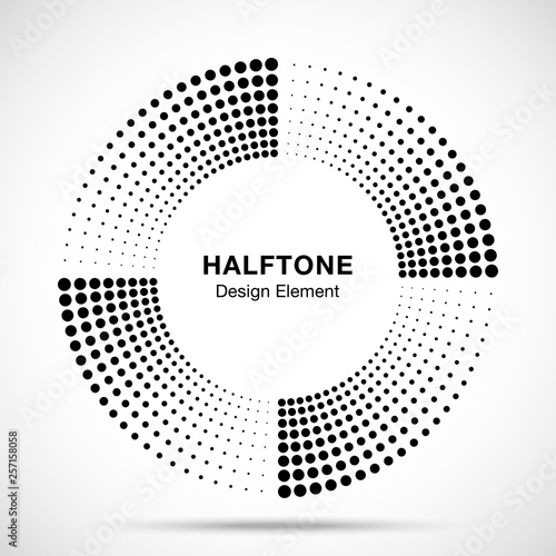Halftone music circle frame abstract dots logo emblem design element. Half tone circular icon. Disc musical insignia. Round border using halftone circle dots raster texture. Vector illustration. 