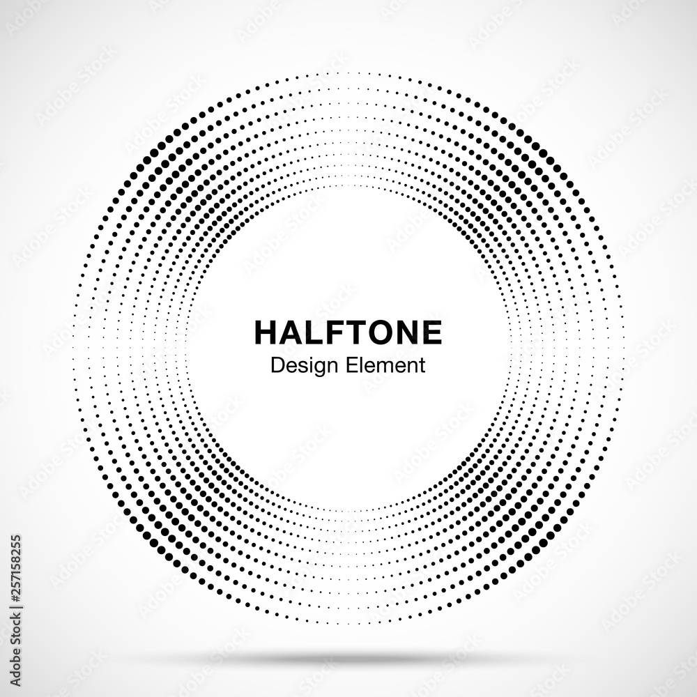 Halftone music circle frame abstract dots logo emblem design element. Half tone circular icon. Disc musical insignia. Round border using halftone circle dots raster texture. Vector illustration. Halftone music circle frame abstract dots logo emblem design element. Half tone circular icon. Disc musical insignia. Round border using halftone circle dots raster texture. Vector illustration.