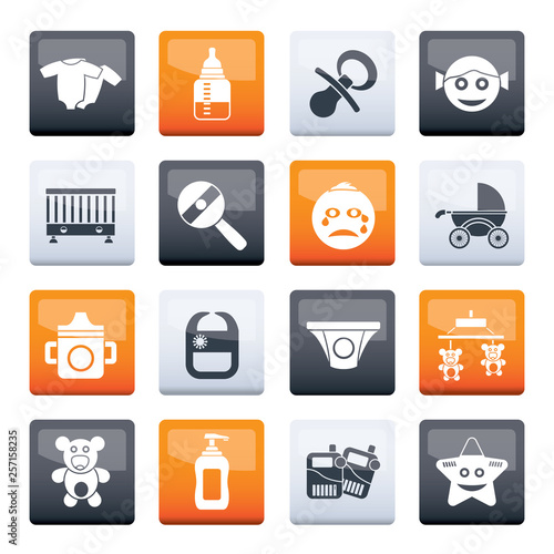 Baby, children and toys icons over color background - vector icon set