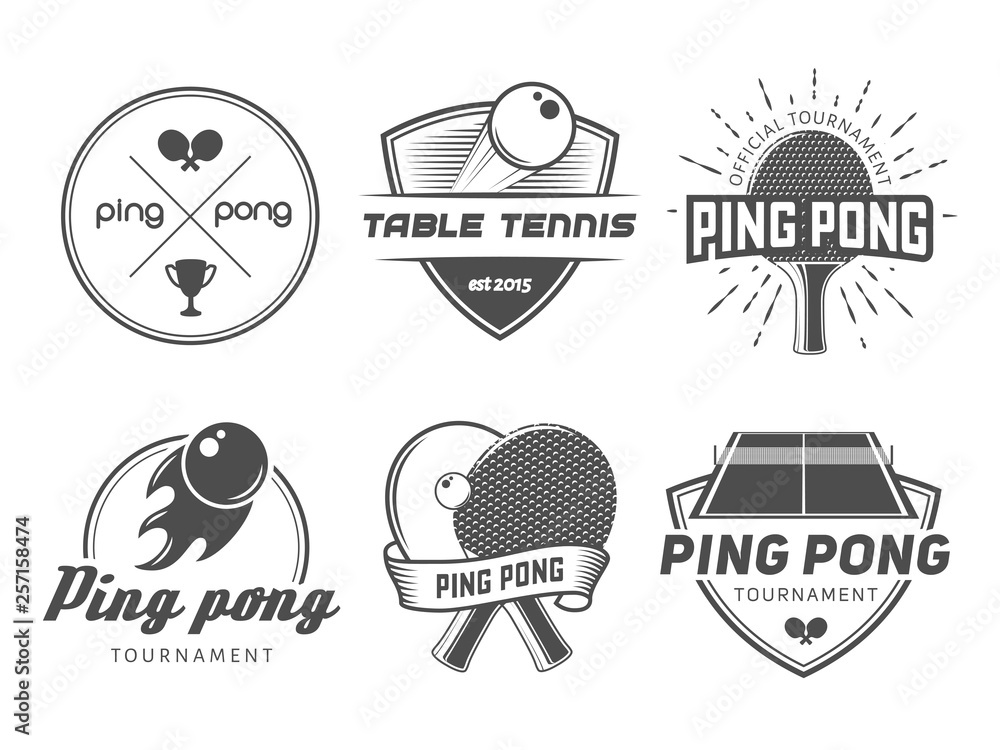Table tennis logos. Vector ping pong badges for tournament, championship or  tennis club. Labels with rackets, balls and equipment vector de Stock |  Adobe Stock