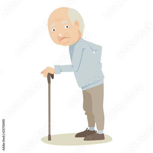 Grandfather with a cane. Elderly men upset with back pain, vector illustration.