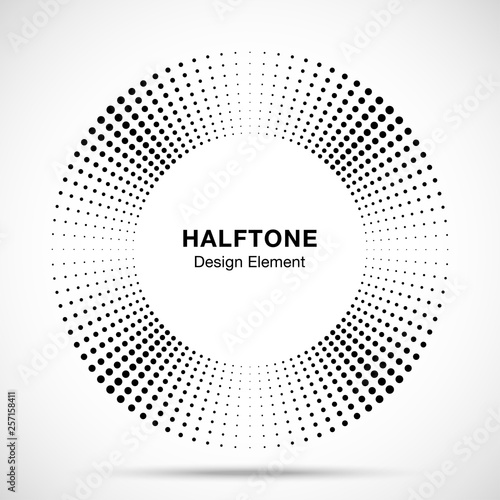 Halftone music circle frame abstract dots logo emblem design element. Half tone circular icon. Disc musical insignia. Round border using halftone circle dots raster texture. Vector illustration. 