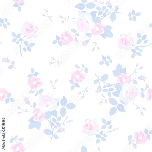 Seamless ditsy floral pattern with tender little bunchs of rose flowers isola...