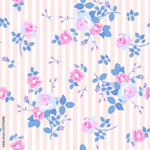 Seamless striped pattern with small bunches of white and pink roses with blue steams and leaves.