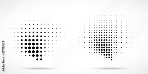 Halftone dots curved gradient pattern texture isolated on white background set. Curve dotted spots using halftone circle dot raster texture collection. Vector blot half tone illustration. 