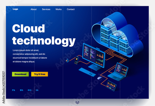 Cloud technology website. Concept of a landing page for data center. Website providing the service of modern cloud technology. Vector website template with 3d isometric illustration data center