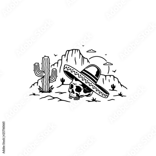 SKULL WITH SOMBRERO IN DESERT WHITE BACKGROUND