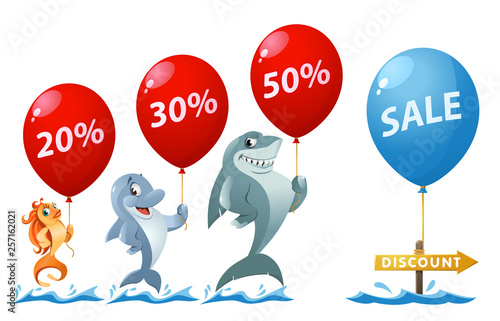Sale and discount percentages. Funny goldfish, shark and dolphin holding balloons.