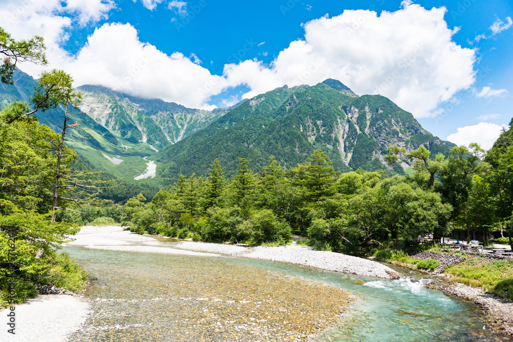 River and Summer Forest Landscape,Pathway at Kamikochi in Japan River and Summer Forest Landscape,Pathway at Kamikochi in Japan