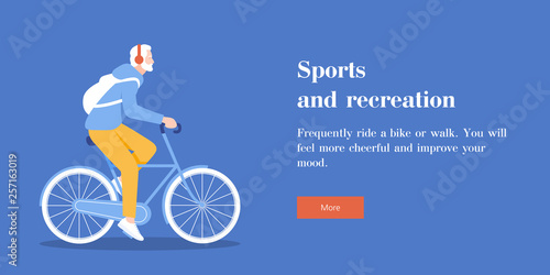 The old man is riding a bicycle. Horizontal banner with text. Healthy lifestyle. Vector flat illustration