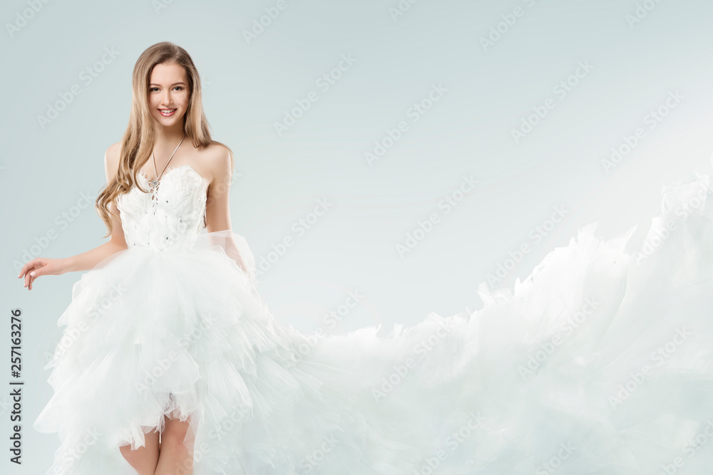 Fashion Model White Dress, Young Woman in Gown with Long Tail Train, Happy Girl Beauty Studio Portrait