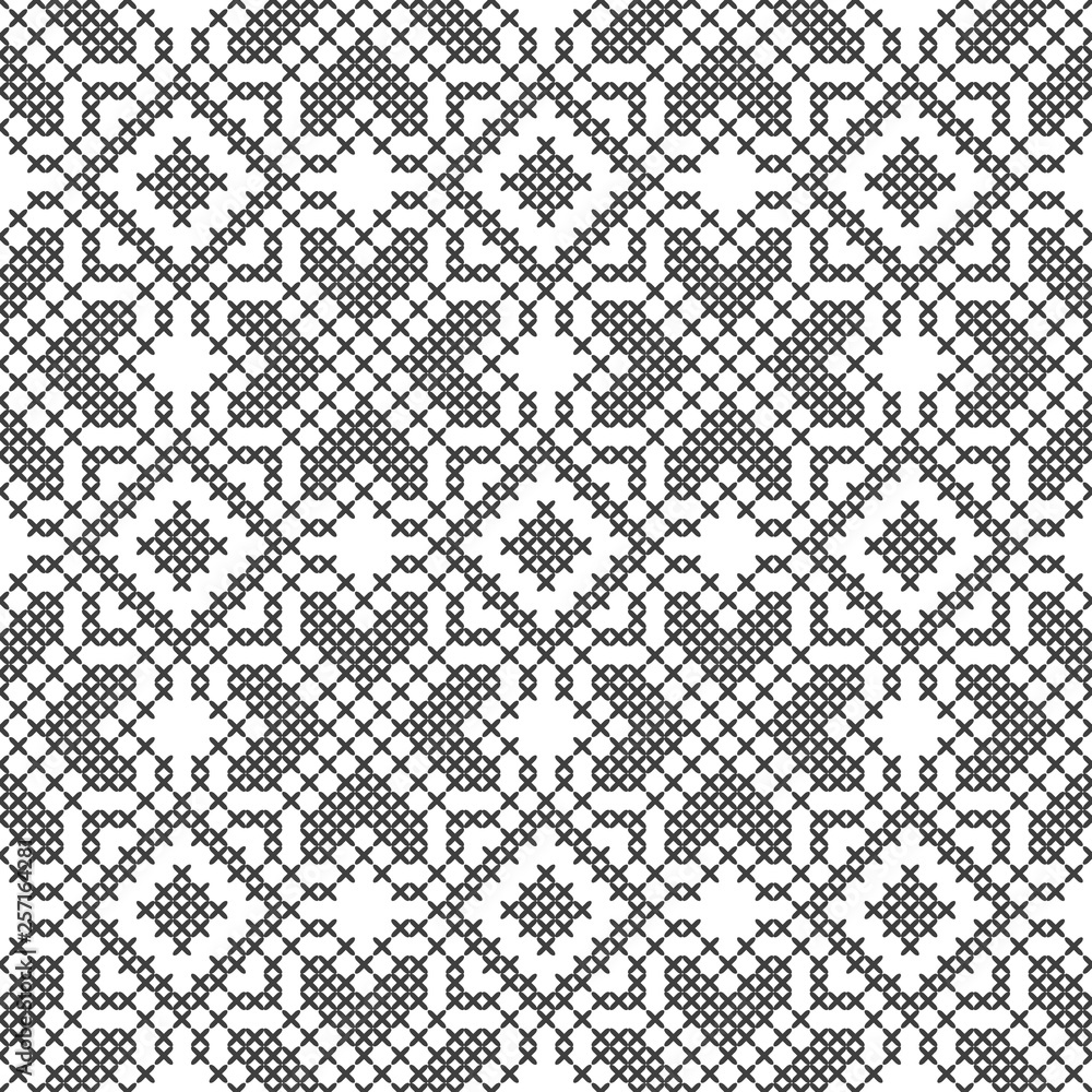 Fototapeta premium Cross stitch. Black and white seamless pattern. Embroidery, knitting. Abstract geometric background. Ethnic ornaments.