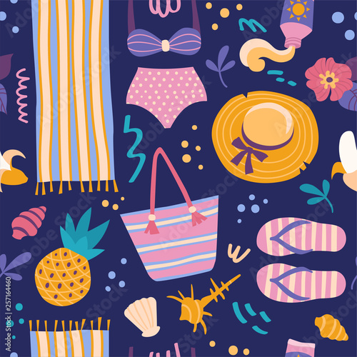 Summer pattern. Vector seamless colorful pattern in cartoon style with beach clothes and objects on dark background.