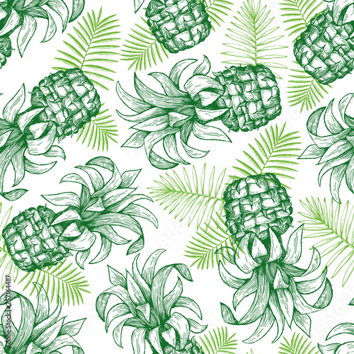 Pineapple seamless pattern. Hand drawn vector tropical fruit illustration. Engraved style ananas fruit. Retro botanical background.