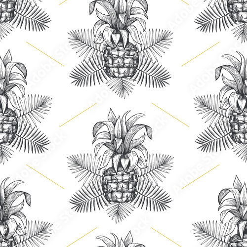Pineapple seamless pattern. Hand drawn vector tropical fruit illustration. Engraved style ananas fruit. Retro botanical background.