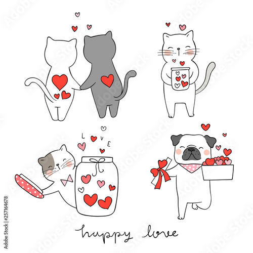 Draw cat and pug dog with little heart for valentine