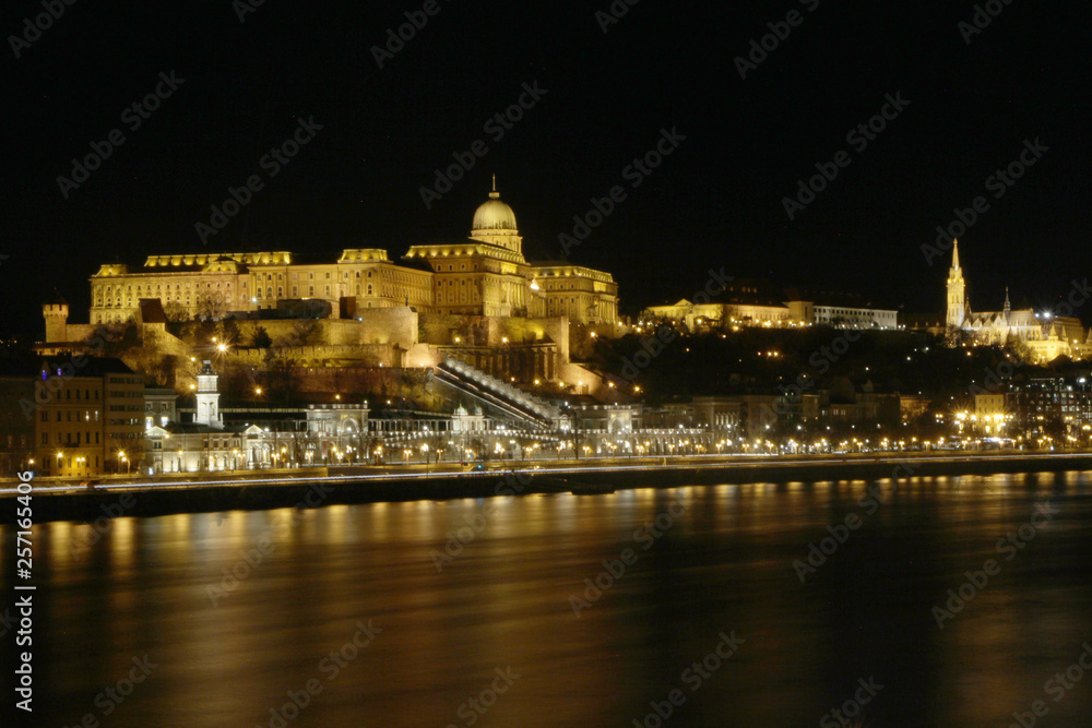 Night panorama of the Danube river and the Buda Castle, Budapest, Hungary
