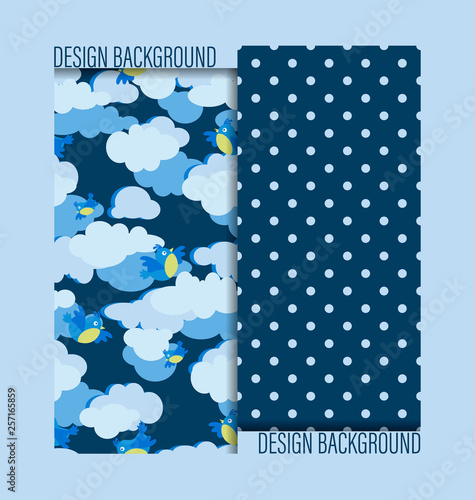 Seamless patterns with birds of the titmouse in cloudy sky and  peas on blue background. Design for baby textiles, background image for packaging materials. Cartoon style.	