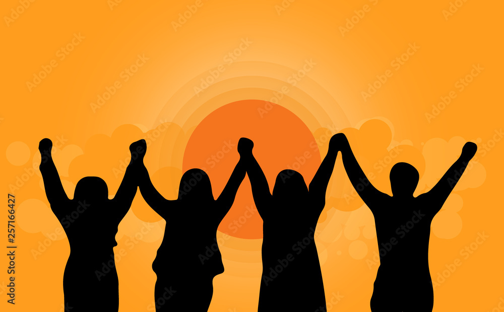 Silhouette of happy business team making high hands in sunset background for business teamwork vector concept Silhouette of happy business team making high hands in sunset background for business teamwork vector concept
