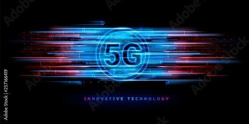 Binary data flowing through 5g wireless connection for technology banner. Global speed internet network connection. New IOT concept. Digital signal transmission of fifth generation. Wifi communication