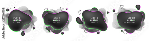Set of isolated backgrounds with fluid blob overlays and dynamic lines. Gradient or halftone geometric shapes or monochrome liquid splash. Template for modern poster or abstract banner, flyer