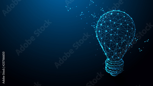 Light bulb with idea and creation symbol from lines, triangles and particle style design. Illustration vector