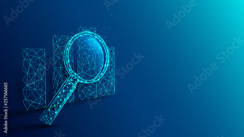 Looking at growth chart with magnifying glass from lines, triangles and particle style design. Illustration vector