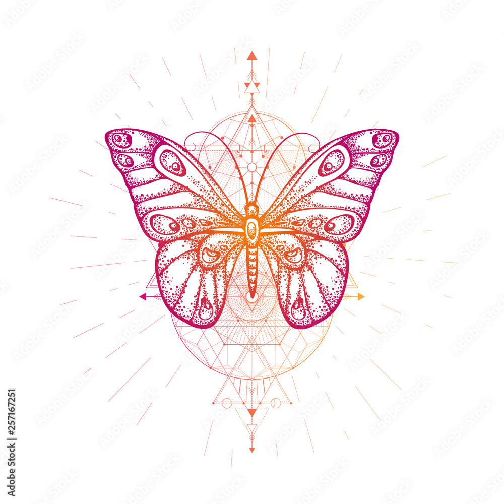 Fototapeta premium Vector illustration with hand drawn butterfly and Sacred geometric symbol on white background. Abstract mystic sign.