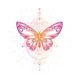 Vector illustration with hand drawn butterfly and Sacred geometric symbol on white background. Abstract mystic sign.