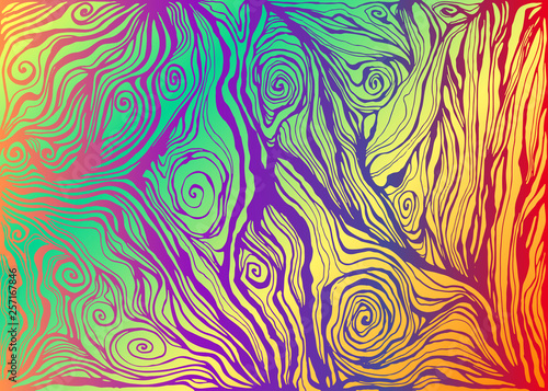 Psychedelic colorful art waves decorative texture. Vector hand drawn creative background. Hippie abstract trippy pattern, maze of ornaments wavy, violet colors, gradient rainbow colors background art.