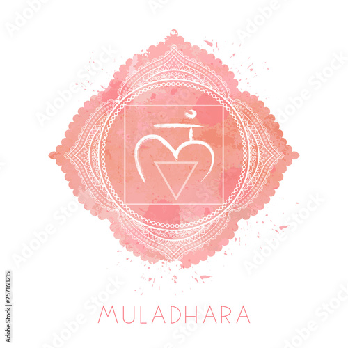 Vector illustration with symbol chakra Muladhara and watercolor element on white background.