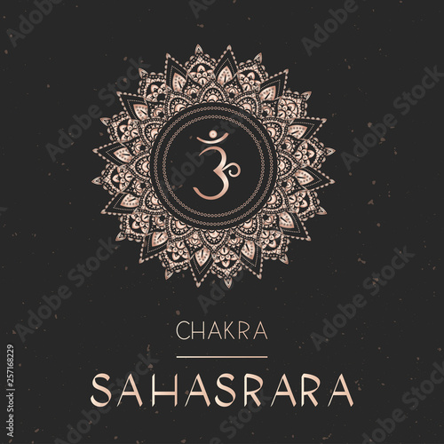 Vector illustration with gold symbol chakra Sahasrara on dark background.