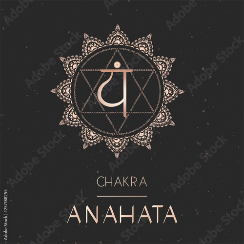 Vector illustration with gold symbol chakra Anahata on dark background.