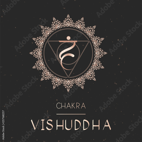 Vector illustration with gold symbol chakra Vishuddha on dark background.