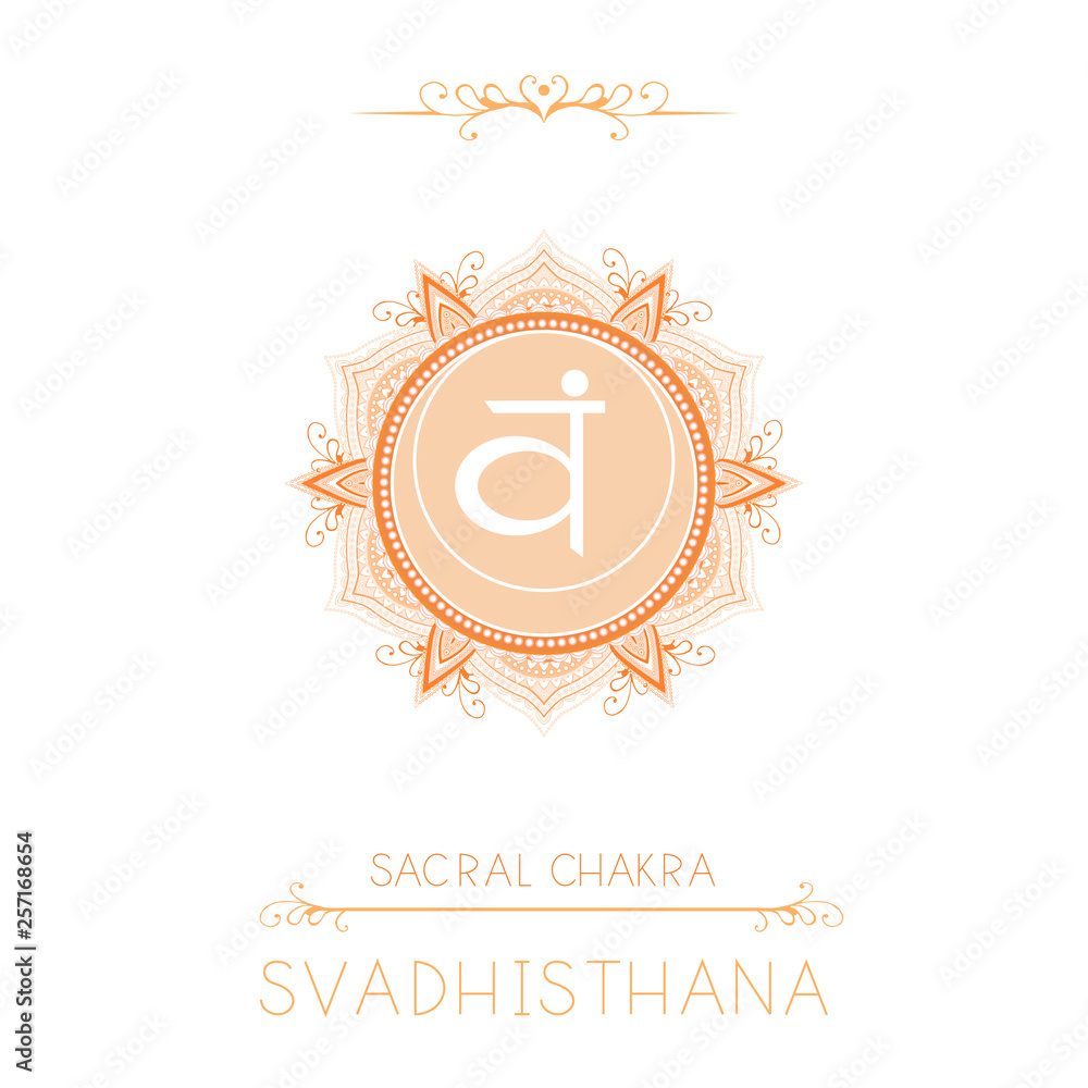 Fototapeta premium Vector illustration with symbol Svadhishana - Sacral chakra and decorative elements on white background.