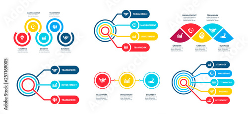 Infographic set with abstract elements. Timeline, diagrams and flow charts with 3, 4 and 5 steps.