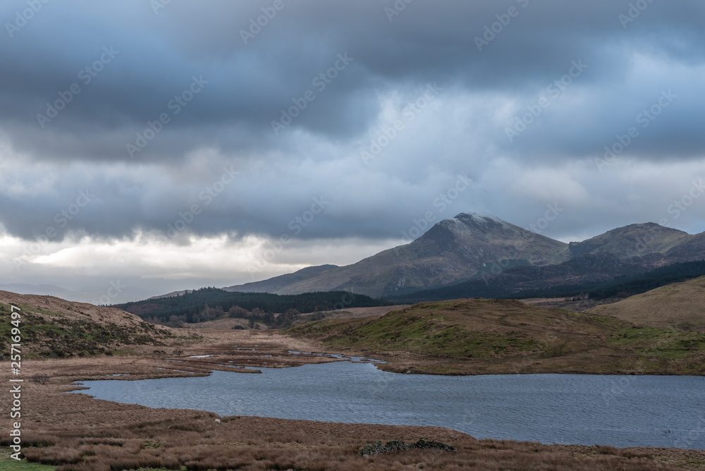 View of Moel Hebog Mountain. Snowdonia National Park in North Wales, UK from Llyn y Dywarchen