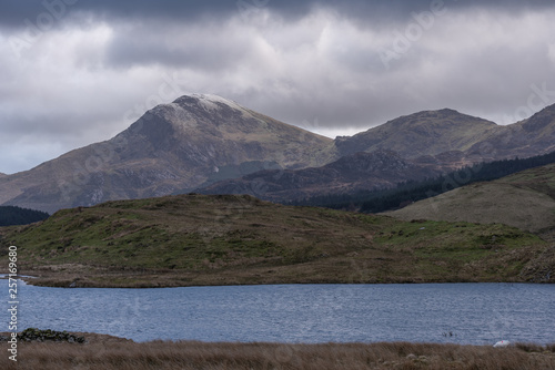 View of Moel Hebog Mountain. Snowdonia National Park in North Wales, UK from Llyn y Dywarchen