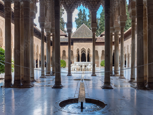 Spain, March 2018: Moorish architecture of the Court of the Lions, the Alhambra, Granada, Andalucia (Andalusia)