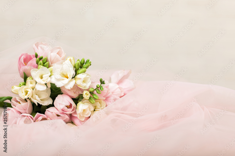 wedding beautiful bouquet of pink tulips. copy space