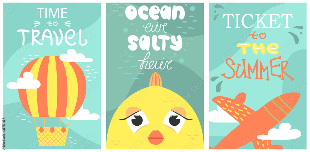 Set of summer postcard with cute fish, plane and air baloons. Vector cartoon illustration. Travelling Set of summer postcard with cute fish, plane and air baloons. Vector cartoon illustration. Travelling