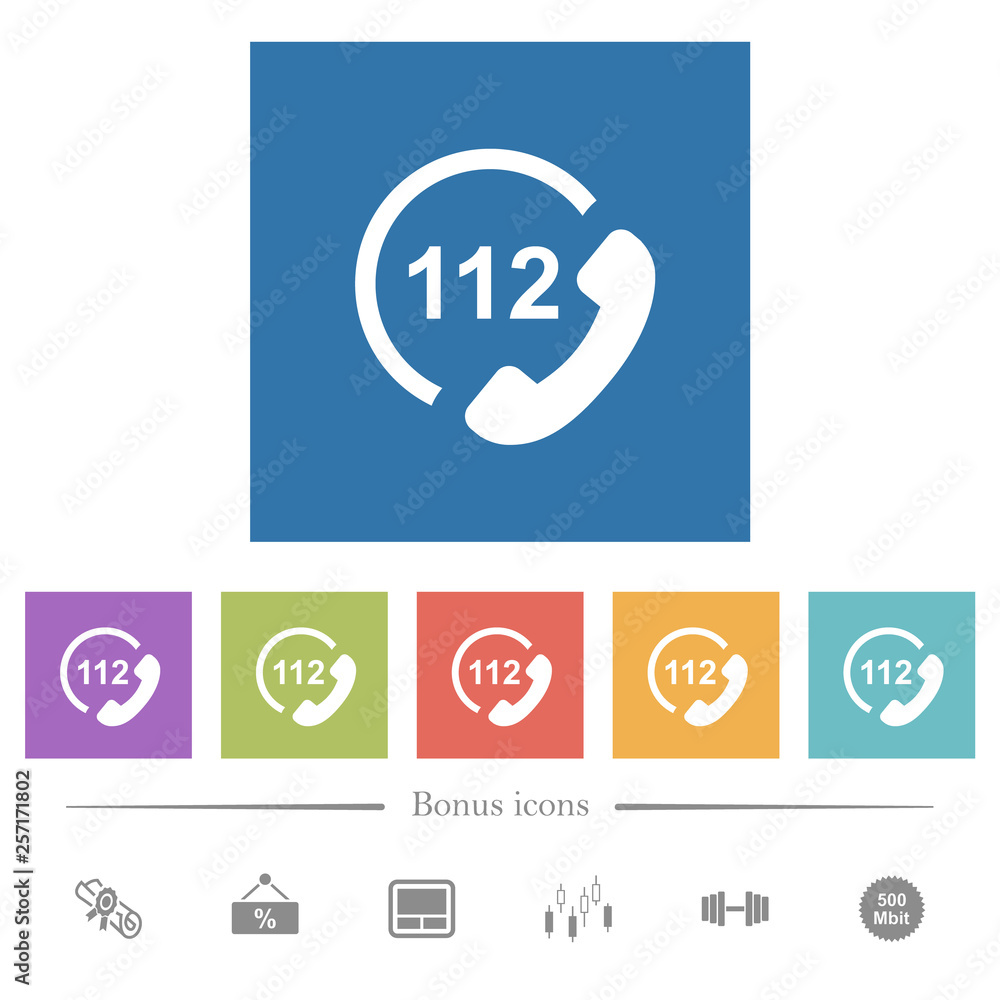 Emergency call 112 flat white icons in square backgrounds Emergency call 112 flat white icons in square backgrounds
